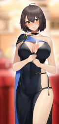 Rule 34 | 1girl, absurdres, ahoge, azur lane, baltimore (azur lane), baltimore (evening breeze minuet) (azur lane), bare shoulders, black cape, black dress, blue cape, blush, braid, breasts, brown hair, cape, cleavage, closed mouth, covered navel, cup, dress, drinking glass, evening gown, highres, large breasts, looking at viewer, motono (sakamotono), short hair, side braid, smile, two-tone cape, yellow eyes
