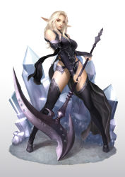 Rule 34 | 1girl, axe, bare shoulders, battle axe, black eyes, blonde hair, boots, crystal, detached sleeves, elf, high heel boots, high heels, lipstick, long hair, makeup, pointy ears, red lips, simple background, solo, thigh boots, thighhighs, weapon, white background, yoon lee