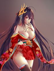 Rule 34 | 1girl, ahoge, azur lane, bare shoulders, black hair, blush, breasts, cleavage, clothes lift, collarbone, hair between eyes, hakama, hakama short skirt, hakama skirt, hand up, highres, japanese clothes, kimono, large breasts, lifting own clothes, long hair, looking at viewer, off shoulder, open mouth, red eyes, red kimono, red skirt, skirt, skirt lift, smile, solo, taihou (azur lane), thighhighs, thighs, twintails, very long hair, wide sleeves, yuzuriha (pixiv 14248010)