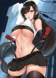 Rule 34 | 1girl, belt, black hair, blush, breasts, clothes in mouth, earrings, final fantasy, final fantasy vii, final fantasy vii remake, gloves, hair between eyes, highres, jewelry, large breasts, long hair, low-tied long hair, midriff, mouth hold, navel, power lines, red eyes, shirt in mouth, skirt, solo, square enix, suspender skirt, suspenders, thighhighs, tifa lockhart, underboob, upper body, zettai ryouiki