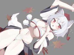 Rule 34 | 1girl, animal ears, bikini, blush, breasts, cleavage, commentary, detached sleeves, grey background, groin, hat, highres, inubashiri momiji, large breasts, leaf, maple leaf, navel, open mouth, pom pom (clothes), red eyes, red hat, semotaretare, short hair, simple background, solo, swimsuit, tail, tokin hat, touhou, white bikini, white hair, wide sleeves, wolf ears, wolf girl, wolf tail