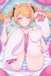 Rule 34 | 1girl, absurdres, animal ears, ass, bad id, bad pixiv id, bed, blonde hair, blurry, bow, cameltoe, camisole, cat ears, cleft of venus, depth of field, fake animal ears, feet, foot focus, hair bow, hair ornament, hairclip, heart, heart-shaped pupils, heart in eye, highres, knees to chest, legs, legs up, long hair, lying, no pants, on back, one eye closed, original, panties, pawpads, pillow, pink camisole, pink eyes, ribbon, scrunchie, smile, soles, solo, striped clothes, striped panties, symbol-shaped pupils, symbol in eye, thighhighs, thighs, toes, twintails, underwear, underwear only, white thighhighs, yao (pixiv9482697)