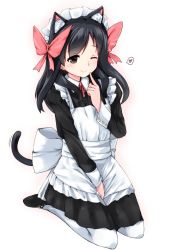 Rule 34 | 1girl, akasaka ikuno, alternate costume, animal ears, apron, bad id, bad twitter id, black dress, black eyes, black footwear, black hair, bow, cat ears, cat tail, collared dress, commentary request, dress, enmaided, fake animal ears, fake tail, finger to mouth, full body, hair bow, heart, long hair, long sleeves, looking at viewer, maid, maid apron, mary janes, medium dress, motion lines, neck ribbon, one eye closed, pantyhose, pink bow, pink ribbon, ribbon, saki (manga), seiza, shoes, simple background, sitting, smile, solo, spoken heart, tail, white apron, white background, white pantyhose, yoi naosuke