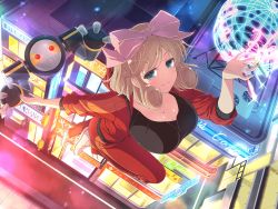 Rule 34 | black tank top, blonde hair, blush, bow, breasts, building, cafe, cleavage, coat, green eyes, hair bow, haruka (senran kagura), highres, holding, holding test tube, joints, large breasts, looking at viewer, mechanical arms, mechanical parts, neon lights, night, official art, pants, pink bow, red coat, red pants, robot, robot joints, senran kagura, senran kagura new link, short hair, single mechanical arm, smile, solo, tank top, test tube, white footwear, yaegashi nan