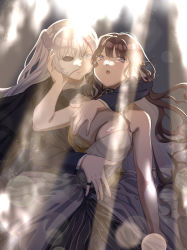 Rule 34 | 2girls, absurdres, black bow, black bowtie, black cape, black jacket, blue eyes, blurry, blurry background, bow, bowtie, breasts, brown hair, cape, cleavage, closed mouth, dress, finellen, girls&#039; frontline, girls&#039; frontline neural cloud, grey hair, highres, hug, hug from behind, jacket, long hair, looking at another, looking at viewer, masked, mdr (girls&#039; frontline), medium breasts, multicolored clothes, multicolored dress, multicolored hair, multiple girls, nanaka (neural cloud), open mouth, parted lips, purple eyes, shirt, standing, streaked hair, teeth, upper teeth only, white shirt