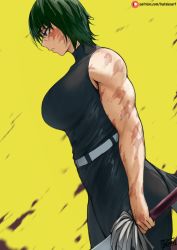 Rule 34 | 1girl, bare arms, bare shoulders, batako (batakoart), belt, black pants, black shirt, breasts, brown eyes, closed mouth, commentary, cowboy shot, dutch angle, english commentary, from side, glasses, green hair, highres, holding, holding sword, holding weapon, jujutsu kaisen, large breasts, looking away, mature female, motion blur, muscular, muscular arms, muscular female, paid reward available, pants, patreon username, profile, round eyewear, scar, scar on arm, scar on face, shirt, short hair, signature, sleeveless, sleeveless shirt, solo, standing, sword, turtleneck, watermark, weapon, web address, white belt, yellow background, zen&#039;in maki, zenin maki