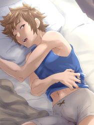 Rule 34 | 10s, 1boy, @@@, bad id, bad pixiv id, bed, bed sheet, blanket, blush, boxers, brown hair, bulge, drooling, gran (granblue fantasy), granblue fantasy, male focus, male underwear, messy hair, muscular, navel, one eye closed, open mouth, pillow, saliva, sleeping, solo, tank top, underwear, waking up
