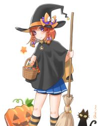 Rule 34 | 1girl, alternate costume, black cape, black hat, blonde hair, blue skirt, bob cut, braid, cape, cat, etorofu (kancolle), gradient hair, halloween costume, hat, highres, jack-o&#039;-lantern, kantai collection, kneehighs, looking at viewer, multicolored hair, pleated skirt, purple eyes, red hair, side braid, simple background, skirt, socks, solo, standing, striped clothes, striped socks, thick eyebrows, tsukimura (d24f4z8j3t), twin braids, white background, witch hat