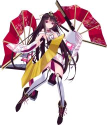 Rule 34 | 1girl, artist request, black footwear, black hair, blunt bangs, boots, bow, bowtie, breasts, cleavage cutout, clothing cutout, cross-laced footwear, detached sleeves, full body, hand fan, highres, holding, holding fan, lace-up boots, long hair, official art, oshiro project:re, oshiro project:re, purple eyes, shouryuuji (oshiro project), small breasts, solo, thighhighs, transparent background, white thighhighs