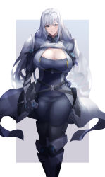 Rule 34 | 1girl, absurdres, armor, baketsu, blue eyes, breast tattoo, breasts, cleavage, cleavage cutout, clothing cutout, ethel (xenoblade), grey hair, highres, huge breasts, long hair, looking at viewer, parted lips, pauldrons, shoulder armor, simple background, smile, solo, standing, tattoo, white background, xenoblade chronicles (series), xenoblade chronicles 3