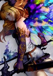 Rule 34 | 1girl, blonde hair, closed mouth, colorful, commentary request, cowboy shot, dark angel olivia, dress, elbow gloves, flaming sword, fiery wings, fire, flaming sword, flaming weapon, from behind, gloves, granblue fantasy, grey dress, hair ornament, highres, holding, holding sword, holding weapon, horns, looking at viewer, looking back, multicolored wings, purple gloves, red eyes, scabbard, sheath, shimashima (simasima 23), short dress, smile, solo, sword, unsheathed, weapon, wings