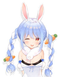 Rule 34 | 1girl, ;d, animal ear fluff, animal ears, arms behind back, bare shoulders, black leotard, blue hair, blush, bow, braid, breasts, carrot hair ornament, commentary request, detached sleeves, don-chan (usada pekora), dress, drop shadow, food-themed hair ornament, hair between eyes, hair bow, hair ornament, hololive, leotard, long hair, multicolored hair, one eye closed, open mouth, puffy short sleeves, puffy sleeves, rabbit ears, shizukawashi sumi, short eyebrows, short sleeves, simple background, small breasts, smile, solo, strapless, strapless dress, strapless leotard, teeth, thick eyebrows, twin braids, twintails, two-tone hair, upper body, upper teeth only, usada pekora, usada pekora (1st costume), very long hair, virtual youtuber, white background, white bow, white dress, white hair, white sleeves