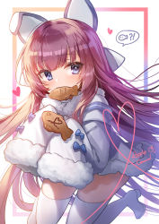 Rule 34 | !?, 1girl, absurdres, animal ears, apple caramel, azur lane, blue bow, blue eyes, blush, boots, bow, commentary request, dress, fake animal ears, food, food in mouth, fur-trimmed dress, fur-trimmed sleeves, fur trim, hair intakes, hair ornament, hair ribbon, heart, highres, holding, holding food, long hair, long sleeves, looking at viewer, mouth hold, purple hair, revision, ribbon, sleeves past fingers, sleeves past wrists, solo, spoken food, spoken interrobang, taiyaki, tashkent (azur lane), thigh boots, thighhighs, very long hair, wagashi, white background, white dress, white footwear, white thighhighs, x x