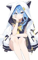 Rule 34 | 1girl, animal hood, bare legs, blue eyes, blue hair, blue shirt, blue skirt, blush, bow, bowtie, bracelet, closed mouth, feet out of frame, gold trim, hair between eyes, head rest, highres, hololive, hood, hood up, hooded jacket, hoshimachi suisei, hoshimachi suisei (school uniform), invisible chair, jacket, jacket on shoulders, jewelry, legs, legs together, long hair, looking at viewer, nmi mimi, open clothes, open jacket, pleated skirt, sailor collar, shirt, short sleeves, sidelocks, simple background, sitting, skirt, solo, star (symbol), star in eye, symbol in eye, virtual youtuber, white background, white jacket, yellow bow, yellow bowtie