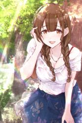 Rule 34 | 1girl, :d, absurdres, ahoge, blurry, blush, bokeh, bow, bra strap, braid, breasts, cleavage, collarbone, depth of field, forest, glint, grass, hair bow, hair ornament, hairpin, hand in own hair, hand on own thigh, highres, huge filesize, idolmaster, idolmaster shiny colors, jewelry, kusaka io, kuwayama chiyuki, leaning forward, looking at viewer, medium breasts, nature, necklace, open mouth, print skirt, rainbow, see-through, shirt, short sleeves, skirt, smile, solo, sunlight, twintails, water drop, wet, wet clothes, wet shirt