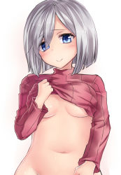 Rule 34 | 10s, 1girl, blue eyes, blush, bottomless, breasts, clothes lift, eyebrows, gradient background, hair over one eye, hair ribbon, hamakaze (kancolle), highres, kantai collection, large breasts, long sleeves, looking at viewer, navel, neit ni sei, no bra, no panties, no pants, ribbon, shiny skin, shirt lift, short hair, silver hair, simple background, sketch, smile, solo, sweater, underboob, upper body