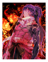 Rule 34 | 1boy, abs, alternate costume, blood, blood on clothes, blood on face, embers, fate/grand order, fate (series), fire, from side, fu yukari, hair over one eye, headband, holding, holding weapon, japanese clothes, kimono, koha-ace, long hair, male focus, okada izou (fate), okada izou (third ascension) (fate), open clothes, open kimono, pectorals, ponytail, purple hair, scarf, shrug (clothing), solo, weapon, yellow eyes