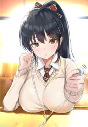 Rule 34 | 1girl, :o, backlighting, black hair, blush, bow, breast rest, breasts, breasts on table, brown eyes, commentary request, copyright request, earphones, hair bow, highres, holding, large breasts, long sleeves, looking at viewer, motion lines, necktie, parted lips, ponytail, red bow, red necktie, school uniform, sitting, solo, sweater, table, upper body, yaegashi nan, yellow sweater