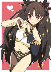 Rule 34 | 1girl, absurdres, ahoge, bare shoulders, black bow, bow, breasts, brown hair, cleavage, commentary request, commission, cowboy shot, earrings, elbow gloves, fate/grand order, fate (series), fingerless gloves, fingernails, gloves, hair bow, hair ornament, heart, heart hands, highres, ishtar (fate), jewelry, light blush, long hair, long sleeves, looking at viewer, medium breasts, navel, outline, red background, red eyes, revealing clothes, simple background, single elbow glove, skeb commission, smile, solo, sparkle, thighs, very long hair, yoriteruru