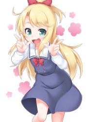 Rule 34 | 1girl, :d, blonde hair, blue dress, blush, bow, bowtie, commentary request, double v, dress, green eyes, hair bow, hands up, high ponytail, highres, himesaka noa, kirisame mia, long hair, long sleeves, open mouth, ponytail, red bow, red bowtie, school uniform, shirt, simple background, sleeveless, sleeveless dress, smile, solo, v, very long hair, watashi ni tenshi ga maiorita!, white background, white shirt