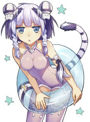Rule 34 | 1girl, animal ears, bare shoulders, blue eyes, braid, cat ears, cat tail, chinese clothes, double bun, hair bun, haku (p&amp;d), innertube, kibamigohann, puzzle &amp; dragons, silver hair, solo, star (symbol), swim ring, tail, thighhighs, tiger ears, tiger stripes, tiger tail