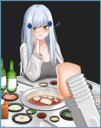 Rule 34 | 1girl, absurdres, alcohol, alternate costume, arm behind back, black background, blue border, blue hair, blush, border, bottle, breasts, cardigan, food, girls&#039; frontline, green eyes, grey shirt, hair ornament, hairclip, hand in own hair, hand on own cheek, hand on own face, highres, hk416 (girls&#039; frontline), long hair, looking at viewer, medium breasts, open cardigan, open clothes, open mouth, paaam, shirt, sitting, solo, table, teardrop facial mark, teardrop tattoo, white cardigan