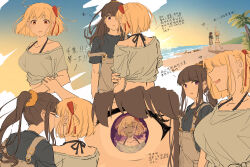 Rule 34 | absurdres, beach, bikini, bikini under clothes, black hair, blonde hair, blue overalls, blue shirt, blush, bob cut, breasts, chinese text, close-up, commentary, cowboy shot, english commentary, eye reflection, fafayu, floating hair, grabbing own arm, hair ribbon, highres, inoue takina, kiss, large breasts, long hair, looking at viewer, lycoris recoil, nishikigi chisato, ocean, one side up, open mouth, outdoors, overalls, palm tree, parted lips, ponytail, purple eyes, red eyes, red ribbon, reflection, ribbon, shirt, short hair, sidelocks, single off shoulder, sunset, swimsuit, tearing up, translation request, tree, upper body, wide-eyed, yuri