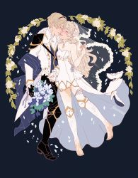 Rule 34 | 1boy, 1girl, armor, barefoot, black background, bouquet, bridal veil, closed eyes, corrin (female) (fire emblem), corrin (fire emblem), dress, fire emblem, fire emblem fates, flower, full body, greaves, hetero, holding, holding bouquet, holding hands, interlocked fingers, kiss, lace, lace-trimmed legwear, lace trim, leo (fire emblem), nintendo, pointy ears, see-through, shoes, unworn shoes, smile, sparkle, thighhighs, veil, wedding dress, white thighhighs