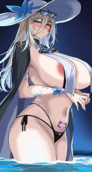 Rule 34 | 1girl, aponia (honkai impact), areola slip, bikini, black bikini, blue background, blush, breasts, brown hair, closed mouth, eyewear on head, from side, hair between eyes, hat, hella p, highres, honkai (series), honkai impact 3rd, huge breasts, large breasts, large hat, long hair, looking at viewer, mole, mole under eye, partially submerged, pubic tattoo, sideboob, solo, sun hat, sunglasses, swimsuit, tattoo, thighs, water, white hat