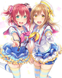 Rule 34 | 10s, 2girls, :d, aozora jumping heart, aqua eyes, bow, bracelet, brown hair, choker, commentary request, dress, earrings, frills, gloves, hair bow, hat, hat bow, holding hands, jewelry, kunikida hanamaru, kurosawa ruby, long hair, love live!, love live! sunshine!!, multiple girls, neckerchief, open mouth, pointing, pointing at viewer, red hair, sailor collar, sailor hat, sakou mochi, scrunchie, short sleeves, smile, striped, striped bow, suspenders, thighhighs, two side up, yellow bow, yellow eyes
