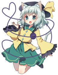 Rule 34 | 1girl, :d, animal ears, black hat, cat ears, frilled sleeves, frills, full body, green eyes, green hair, green skirt, hat, hat ribbon, heart, heart of string, komeiji koishi, legs up, long sleeves, looking at viewer, mauve, one-hour drawing challenge, open mouth, ribbon, shirt, short hair, simple background, skirt, smile, solo, third eye, touhou, white background, wide sleeves, yellow ribbon, yellow shirt