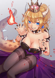 Rule 34 | 1girl, armlet, bare shoulders, black leotard, black nails, blonde hair, blue eyes, blush, bowsette, bracelet, breasts, brooch, cinders, claw pose, cleavage, collar, collarbone, earrings, fingernails, fire, grin, hair between eyes, highleg, highleg leotard, highres, horns, jewelry, large breasts, leotard, looking at viewer, mario (series), nail polish, new super mario bros. u deluxe, nintendo, pantyhose, pointy ears, ponytail, sharp fingernails, sharp teeth, shiny clothes, sidelocks, sitting, smile, solo, spiked armlet, spiked bracelet, spiked collar, spiked shell, spiked tail, spikes, super crown, tail, teeth, thighband pantyhose, tsurime, waist cape, whitecrow4444