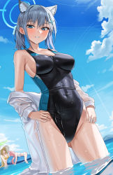 Rule 34 | 3girls, absurdres, animal ears, bare shoulders, bikini, black one-piece swimsuit, blue archive, blue eyes, blue sky, blush, breasts, bright pupils, cloud, competition swimsuit, covered navel, cross hair ornament, day, duplicate, dutch angle, earrings, extra ears, gluteal fold, grey hair, hair ornament, halo, hand on own hip, highleg, highleg swimsuit, highres, jewelry, large breasts, looking at viewer, medium hair, mismatched pupils, multiple girls, nonomi (blue archive), nonomi (swimsuit) (blue archive), off shoulder, official alternate costume, one-piece swimsuit, open clothes, open shirt, outdoors, parted lips, shiroko (blue archive), shiroko (swimsuit) (blue archive), shirt, shocho, side ponytail, sideboob, sidelocks, sky, solo, solo focus, stud earrings, swimsuit, taut clothes, taut swimsuit, thighs, two-tone swimsuit, wading, wet, white pupils, white shirt, yellow bikini