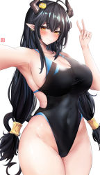 Rule 34 | 1girl, absurdres, ahoge, artist logo, bad id, bad pixiv id, black hair, black one-piece swimsuit, breasts, commentary request, competition swimsuit, cowboy shot, demon girl, hair ornament, hairclip, highleg, highleg swimsuit, highres, horns, large breasts, long hair, looking at viewer, low-tied long hair, low tied hair, low twintails, one-piece swimsuit, orange eyes, original, pavi, pointy ears, simple background, solo, standing, swimsuit, twintails, v, very long hair, white background