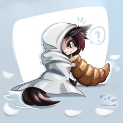 Rule 34 | ?, animal ears, chibi, cloak, croissant, crumbs, food, grey eyes, non-web source, red hair, rwby, solo, summer rose, tagme, tail, vilde loh hocen, wolf ears, wolf tail
