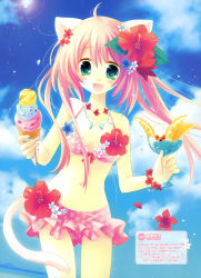 Rule 34 | 1girl, absurdres, ahoge, animal ears, bikini, bracelet, cat ears, cat tail, fang, flower, flower bracelet, flower necklace, food, green eyes, hair flower, hair ornament, hibiscus, highres, ice cream, ice cream cone, jewelry, long hair, necklace, open mouth, pink hair, sakurazawa izumi, solo, swimsuit, tail, translation request, twintails