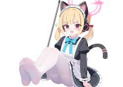 Rule 34 | 1girl, absurdres, animal ear headphones, animal ears, apron, baozi 9527, black dress, blonde hair, blue archive, blush, cat tail, dress, fake animal ears, frilled apron, frills, halo, headphones, highres, juliet sleeves, long hair, long sleeves, maid, maid apron, maid headdress, medium hair, momoi (blue archive), momoi (maid) (blue archive), official alternate costume, open mouth, pantyhose, pink halo, puffy sleeves, red eyes, simple background, smile, soles, solo, tail, toes, white apron, white background, white pantyhose