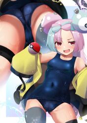 Rule 34 | 1girl, ass, blue one-piece swimsuit, blush, cameltoe, character hair ornament, commentary request, covered navel, creatures (company), game freak, green hair, hair ornament, hand up, highres, iono (pokemon), jacket, kuro yanagi, long hair, looking at viewer, multiple views, nintendo, one-piece swimsuit, open clothes, open jacket, open mouth, pink hair, poke ball, poke ball (basic), pokemon, pokemon sv, red eyes, school swimsuit, single thighhigh, sleeves past fingers, sleeves past wrists, swimsuit, teeth, thigh strap, thighhighs, upper teeth only, yellow jacket