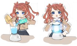 Rule 34 | 1girl, black skirt, blender (object), blue bow, blue bowtie, blue eyes, bow, bowtie, brown hair, brown jacket, commentary request, energy drink, gakuen idolmaster, hanami saki, highres, idolmaster, jacket, light blush, long hair, looking at viewer, multiple views, open mouth, school uniform, shirt, sidelocks, skirt, smile, spawnfoxy, table, trembling, twintails, upper body, v-shaped eyebrows, wavy hair, whey protein powder, white background, white shirt