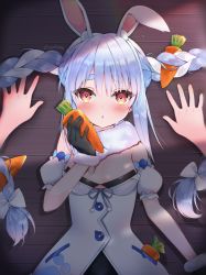 Rule 34 | 1girl, animal ear fluff, animal ears, black gloves, black leotard, blue hair, blush, bow, braid, carrot, carrot hair ornament, commentary request, detached sleeves, don-chan (usada pekora), dress, food, food-themed hair ornament, fur-trimmed gloves, fur trim, gloves, hair between eyes, hair bow, hair ornament, hand up, highres, himexin, holding, holding food, hololive, leotard, long hair, looking at viewer, lying, multicolored hair, on back, parted lips, puffy short sleeves, puffy sleeves, rabbit ears, red eyes, short eyebrows, short sleeves, strapless, strapless dress, strapless leotard, thick eyebrows, twin braids, twintails, twitter username, two-tone hair, usada pekora, usada pekora (1st costume), very long hair, virtual youtuber, white bow, white dress, white sleeves, wooden floor
