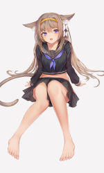 Rule 34 | 1girl, :o, absurdres, animal ear fluff, animal ears, arm support, bare legs, barefoot, black sailor collar, black shirt, black skirt, blush, bow, breasts, brown hair, btraphen, cat ears, cat girl, cat tail, collarbone, commentary, crop top, english commentary, feet, full body, grey background, hair bow, hair intakes, hairband, highres, long hair, long sleeves, looking at viewer, midriff, miniskirt, neckerchief, open mouth, original, purple eyes, purple neckerchief, sailor collar, school uniform, serafuku, shirt, sidelocks, simple background, sitting, skirt, solo, tail, thighs, very long hair, white bow