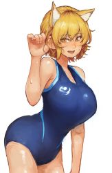 Rule 34 | 1girl, alternate costume, animal ear fluff, animal ears, arm at side, blonde hair, blue one-piece swimsuit, breasts, chanta (ayatakaoisii), cleavage, commentary request, competition swimsuit, extra ears, fang, fox ears, from side, hair between eyes, tucking hair, hand up, highres, huge breasts, leaning forward, looking at viewer, no tail, one-piece swimsuit, open mouth, short hair, sideways glance, simple background, slit pupils, smile, solo, standing, swimsuit, teeth, touhou, upper teeth only, wet, white background, yakumo ran, yellow eyes