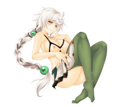 Rule 34 | 10s, 1girl, absurdres, ass, asymmetrical hair, bra, breasts, cloud print, cupless bra, from side, green thighhighs, hand on leg, hand on own thigh, hand to own mouth, highres, kantai collection, large breasts, long hair, looking at viewer, miniskirt, nipples, pleated skirt, revealing clothes, silver hair, simple background, skindentation, skirt, smile, solo, take toshiaki, thighhighs, thighs, underwear, unryuu (kancolle), very long hair, white background, yellow eyes