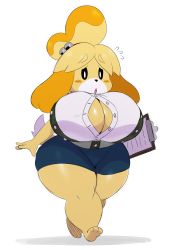 Rule 34 | 1girl, absurdres, animal crossing, animal ears, animal hands, barefoot, bell, black sclera, blonde hair, blush, breasts, cleavage, clipboard, colored sclera, dog ears, dog girl, dog tail, eric lowery, female focus, flying sweatdrops, full body, furry, furry female, green vest, hair bell, hair ornament, hair tie, highres, huge breasts, isabelle (animal crossing), jingle bell, looking down, nintendo, open clothes, open mouth, open shirt, shiny skin, shirt, short hair, simple background, skindentation, solo, standing, tail, thick thighs, thighs, topknot, vest, walking, white background, white eyes, white shirt, wide hips