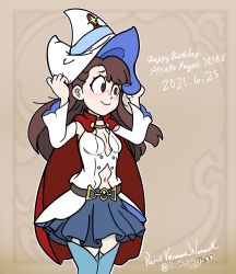 Rule 34 | 1girl, absurdres, blush, brown hair, cape, character name, cosplay, dated, english text, happy birthday, hat, highres, kagari atsuko, little witch academia, long hair, pale skin, pumpkinspice7500, red eyes, self-upload, shiny chariot, shiny chariot (cosplay), skirt, smile, trigger (company), witch, witch hat