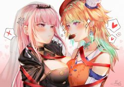 Rule 34 | 2girls, anger vein, bare shoulders, blunt bangs, blush, breasts, candy, chef hat, chocolate, cleavage, collarbone, commentary, detached sleeves, earrings, feathers, food, from side, gradient hair, hat, heart, highres, hololive, hololive english, jewelry, large breasts, long hair, looking at another, mori calliope, multicolored hair, multiple girls, nicccolee, orange hair, pink eyes, pink hair, purple eyes, red ribbon, ribbon, signature, smile, sparkle, spoken heart, takanashi kiara, tiara, virtual youtuber, yuri