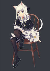 Rule 34 | 1girl, animal ears, bell, black pantyhose, blue eyes, buttons, capelet, cat ears, cat tail, chair, collar, dress, frilled dress, frilled sleeves, frills, grey background, half updo, jingle bell, kitada mo, pantyhose under shorts, looking at viewer, mary janes, neck bell, original, pantyhose, shoes, shorts, sidelocks, silver hair, simple background, sitting, solo, tail