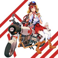 Rule 34 | 10s, 1girl, :q, akagi (kancolle), bad id, bad pixiv id, boots, brown eyes, brown footwear, brown hair, burger, food, goggles, goggles on head, holding, kantai collection, knee boots, long hair, looking at viewer, motor vehicle, motorcycle, pleated skirt, revision, rinta (reyte), sitting, sitting on object, skirt, smile, solo, thighhighs, tongue, tongue out, vehicle, white thighhighs, zettai ryouiki