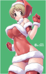 Rule 34 | 1girl, blonde hair, bodypaint, breasts, brown eyes, brown hair, christmas, covered erect nipples, covered navel, dated, false clothes, fur trim, gloves, green background, hat, highleg, highleg leotard, huge breasts, impossible clothes, kei jiei, leotard, looking at viewer, navel, original, painted clothes, pussy, pussy juice, red gloves, red leotard, red thighhighs, santa costume, santa hat, short hair, simple background, solo, thighhighs, underboob