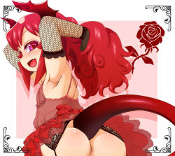 Rule 34 | 1girl, anus, anus peek, armpits, ass, blush, demon girl, demon horns, detached sleeves, fishnets, flat chest, from behind, garter belt, hair flip, happy king, horns, maou beluzel, nightgown, nipples, no bra, no panties, pink eyes, red hair, see-through, sideways mouth, sleeveless, solo, tail, aged down, yuusha to maou
